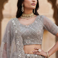 Elegant Stone Grey Embroidered Net Lehenga Choli with Dupatta for Wedding