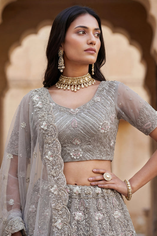 Elegant Stone Grey Embroidered Net Lehenga Choli with Dupatta for Wedding