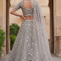Elegant Stone Grey Embroidered Net Lehenga Choli with Dupatta for Wedding
