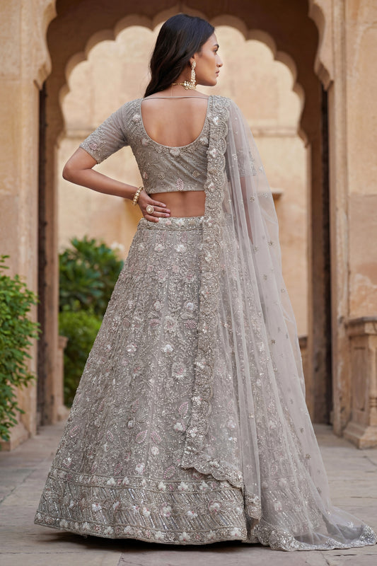 Elegant Stone Grey Embroidered Net Lehenga Choli with Dupatta for Wedding