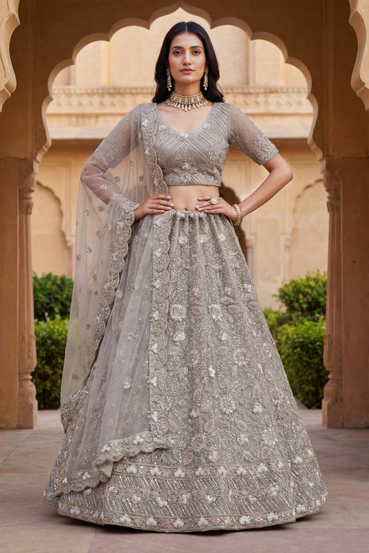 Elegant Stone Grey Embroidered Net Lehenga Choli with Dupatta for Wedding