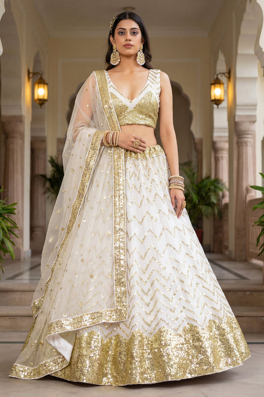 Stunning White Sequin Embroidered Net Lehenga Choli with Dupatta for Wedding