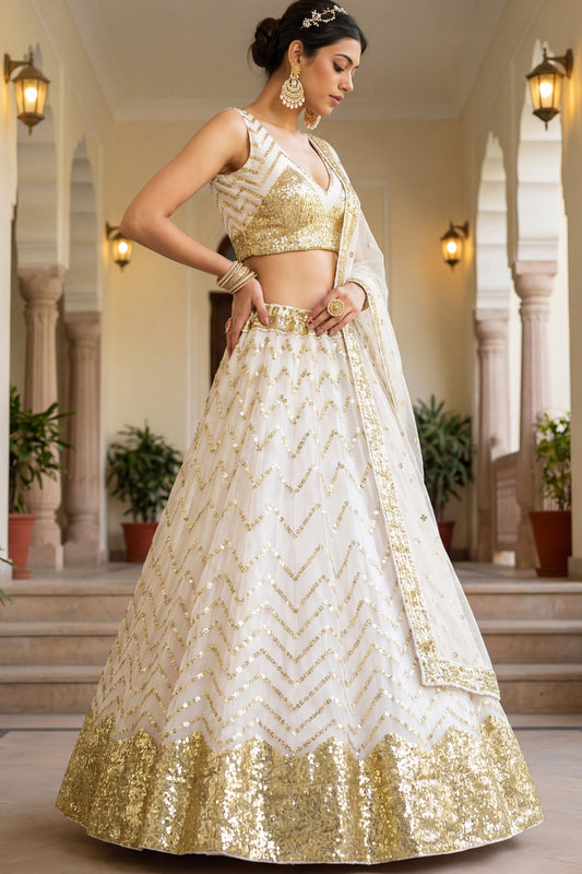 Stunning White Sequin Embroidered Net Lehenga Choli with Dupatta for Wedding