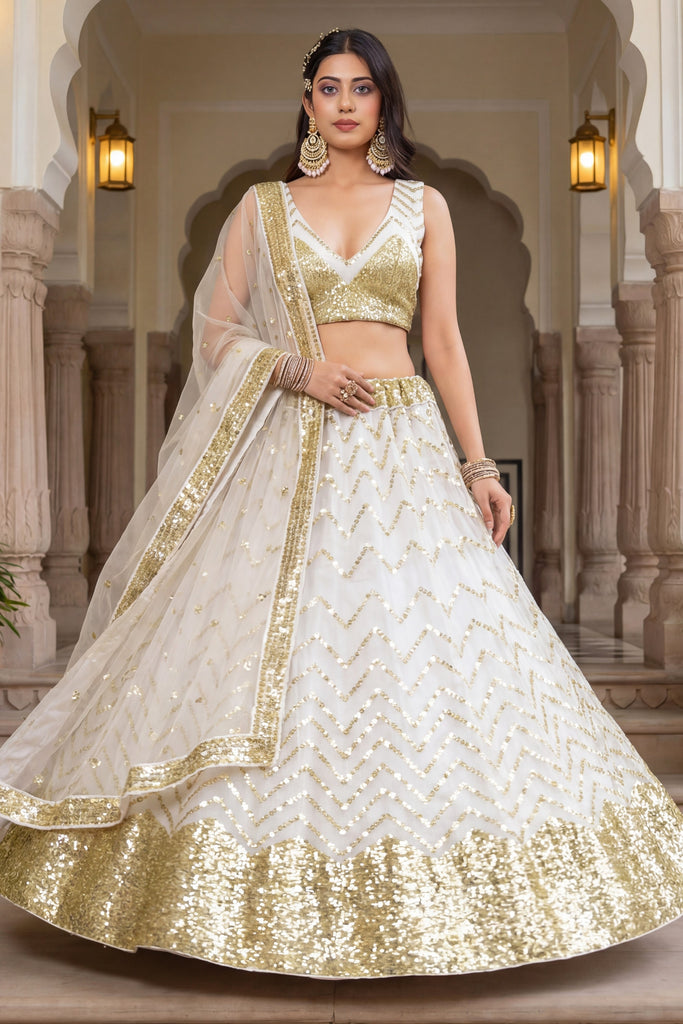 Stunning White Sequin Embroidered Net Lehenga Choli with Dupatta for Wedding