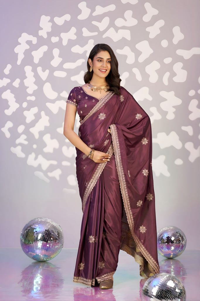 Wine Purple Embroidered Ready To Wear Saree Blouse Piece