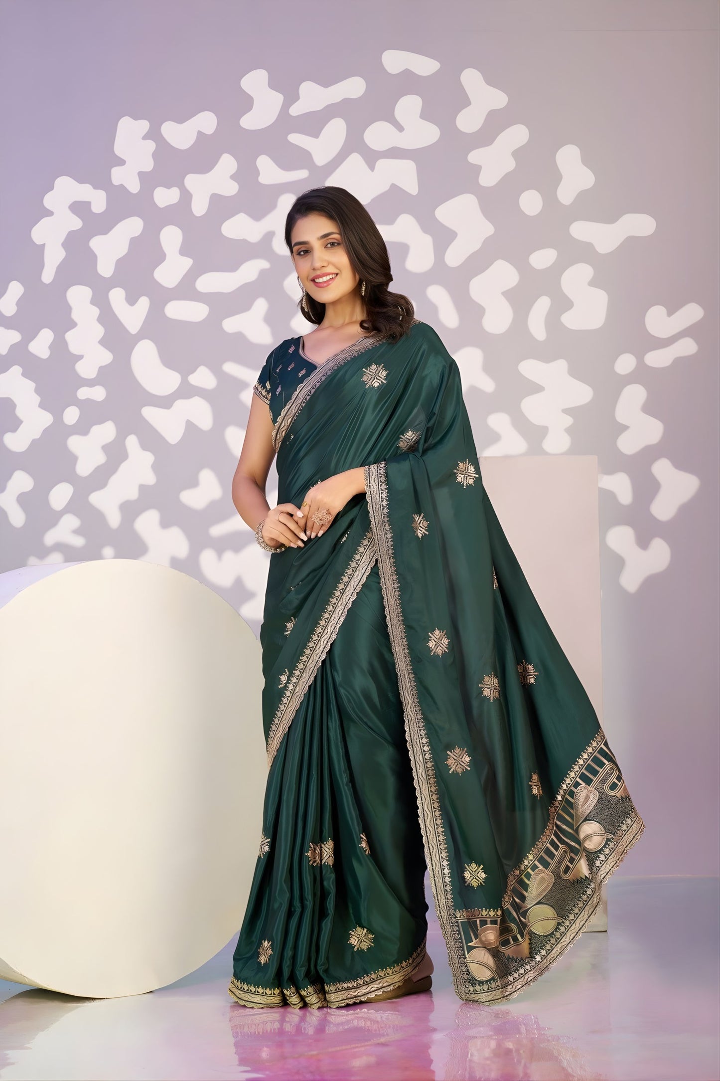 Elegant Bottle Green Embroidered Ready To Wear Saree Blouse Piece