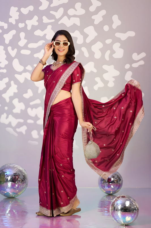 Stunning Wine Red Embroidered Ready To Wear Saree Blouse Piece