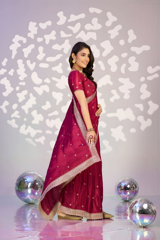 Stunning Wine Red Embroidered Ready To Wear Saree Blouse Piece
