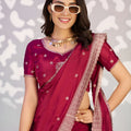 Stunning Wine Red Embroidered Ready To Wear Saree Blouse Piece