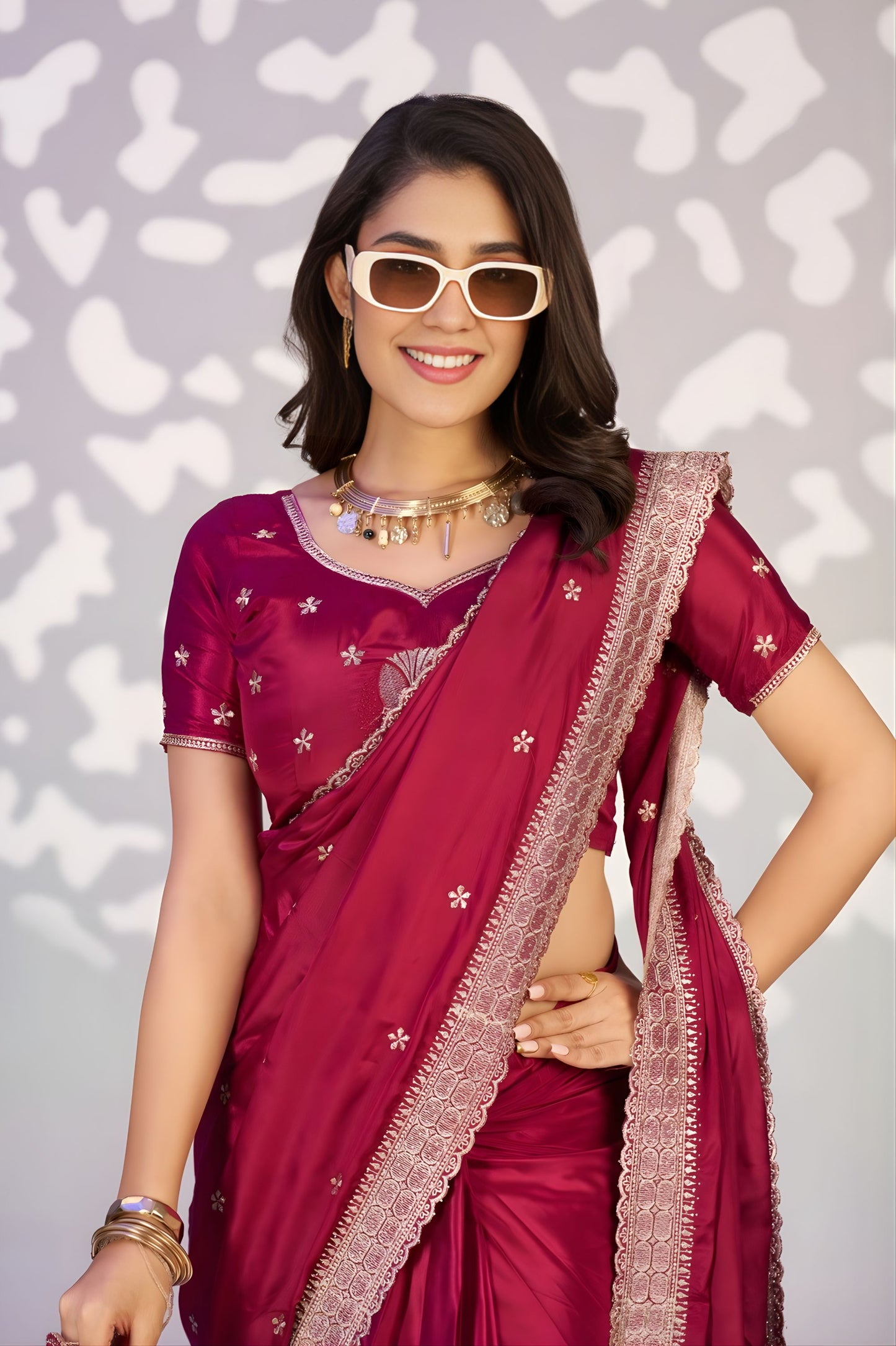 Stunning Wine Red Embroidered Ready To Wear Saree Blouse Piece