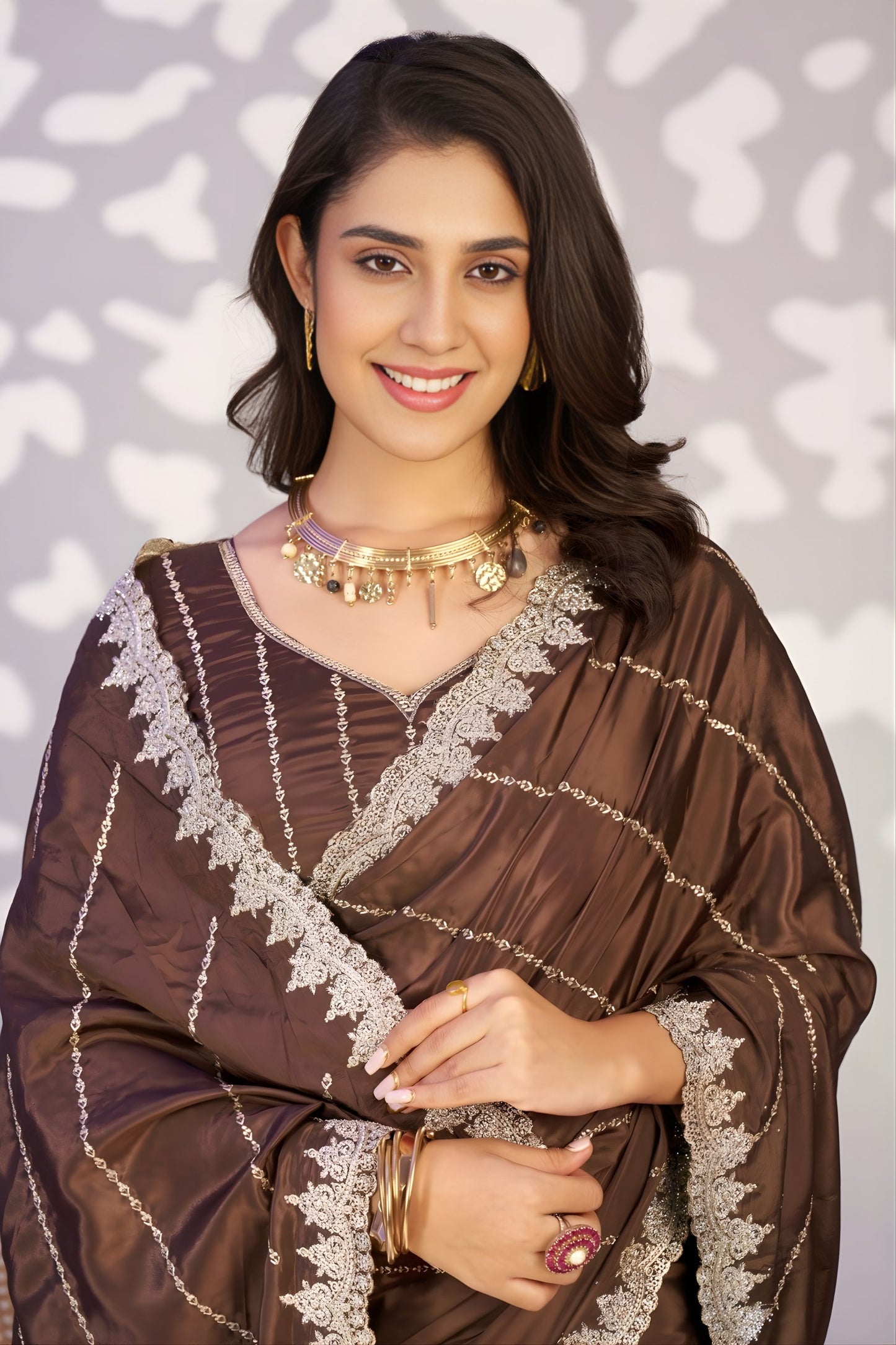 Chocolate Brown Embroidered Ready To Wear Saree Blouse Piece