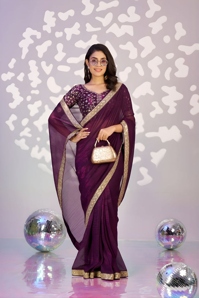  Elegant Purple Embroidered Ready To Wear Saree Blouse Piece