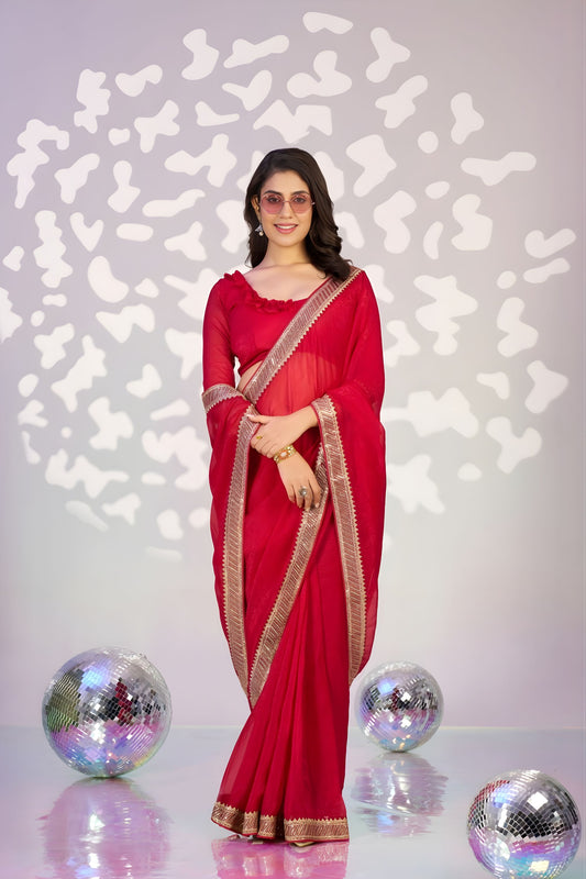 Elegant Red Embroidered Ready To Wear Saree Blouse Piece