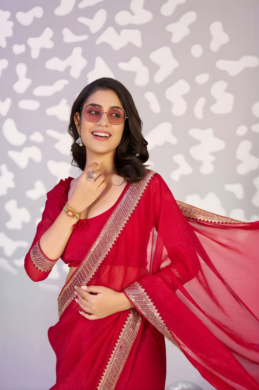 Elegant Red Embroidered Ready To Wear Saree Blouse Piece