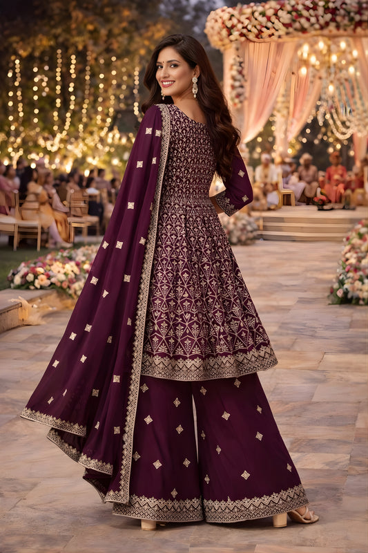 Stylish Purple Georgette Embroidered Palazzo Suit with Dupatta