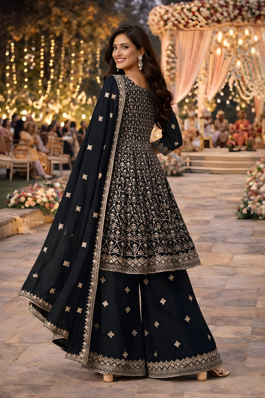 Stunning Black Georgette Embroidered Palazzo Suit Set with Dupatta