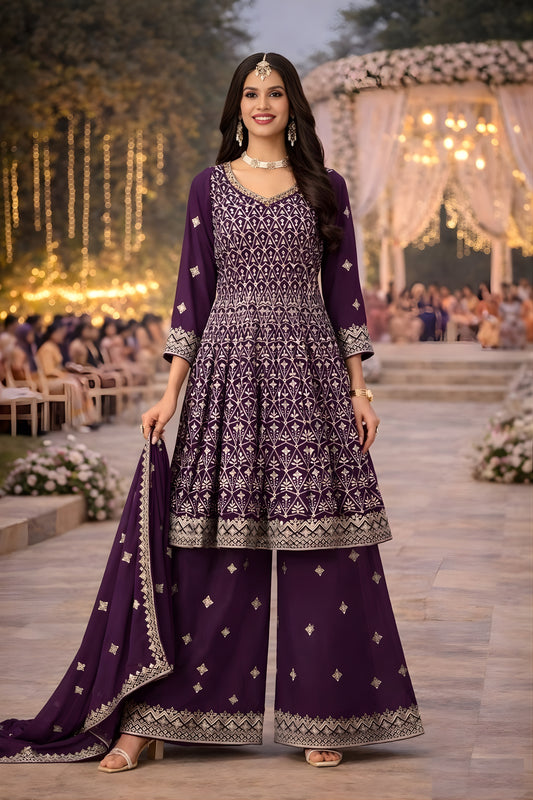 Superb Wine Georgette Embroidered Palazzo Suit Set with Dupatta