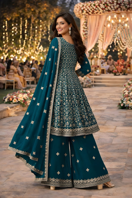Splendid Teal Green Georgette Embroidered Palazzo Suit Set with Dupatta