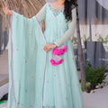 Elegant Mint Green Floral Embroidered Georgette Anarkali Suit with Full Sleeves for Wedding