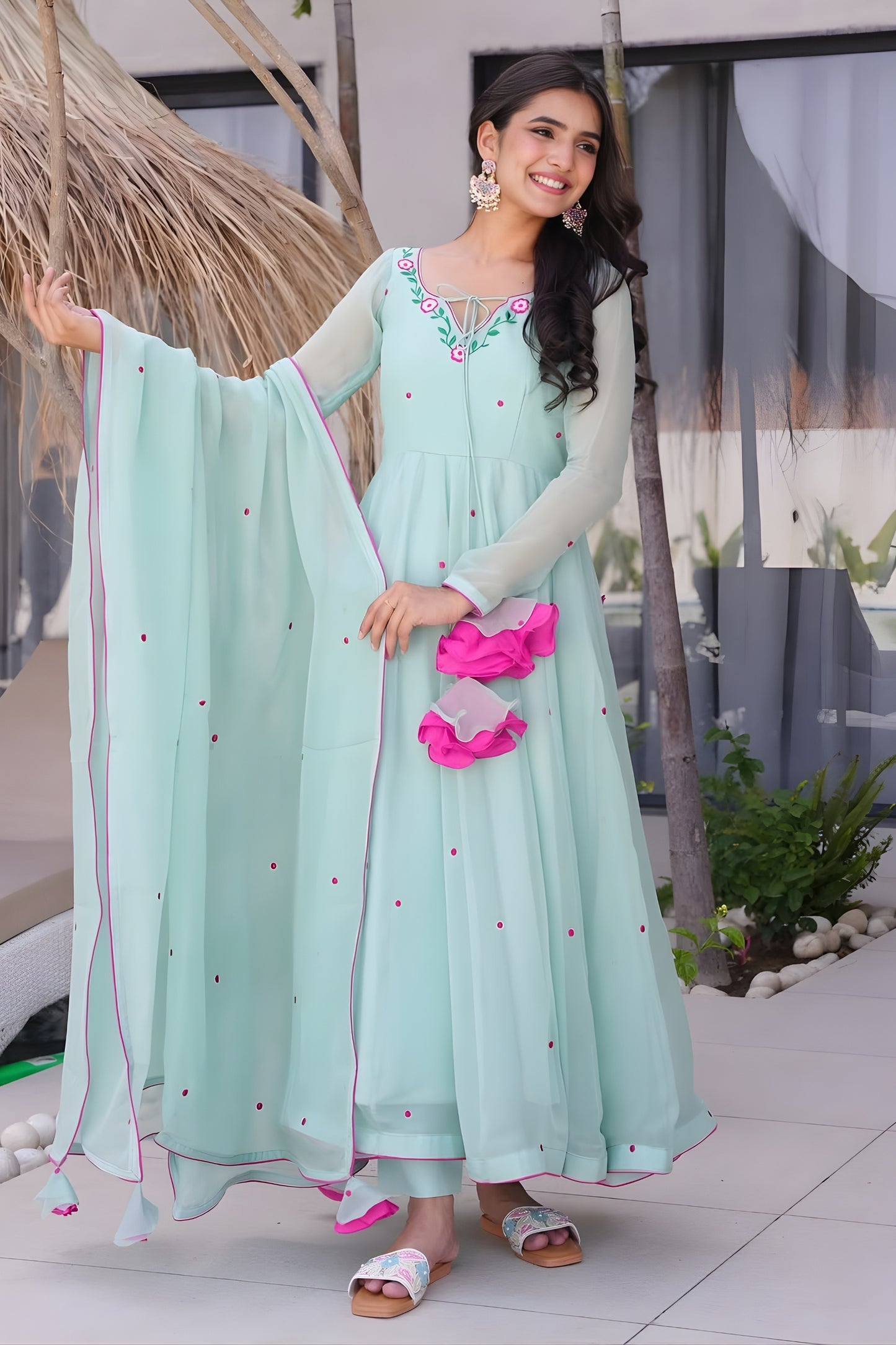 Elegant Mint Green Floral Embroidered Georgette Anarkali Suit with Full Sleeves for Wedding