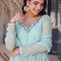 Elegant Mint Green Floral Embroidered Georgette Anarkali Suit with Full Sleeves for Wedding