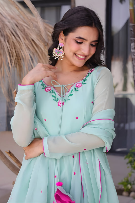 Elegant Mint Green Floral Embroidered Georgette Anarkali Suit with Full Sleeves for Wedding