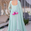 Elegant Mint Green Floral Embroidered Georgette Anarkali Suit with Full Sleeves for Wedding