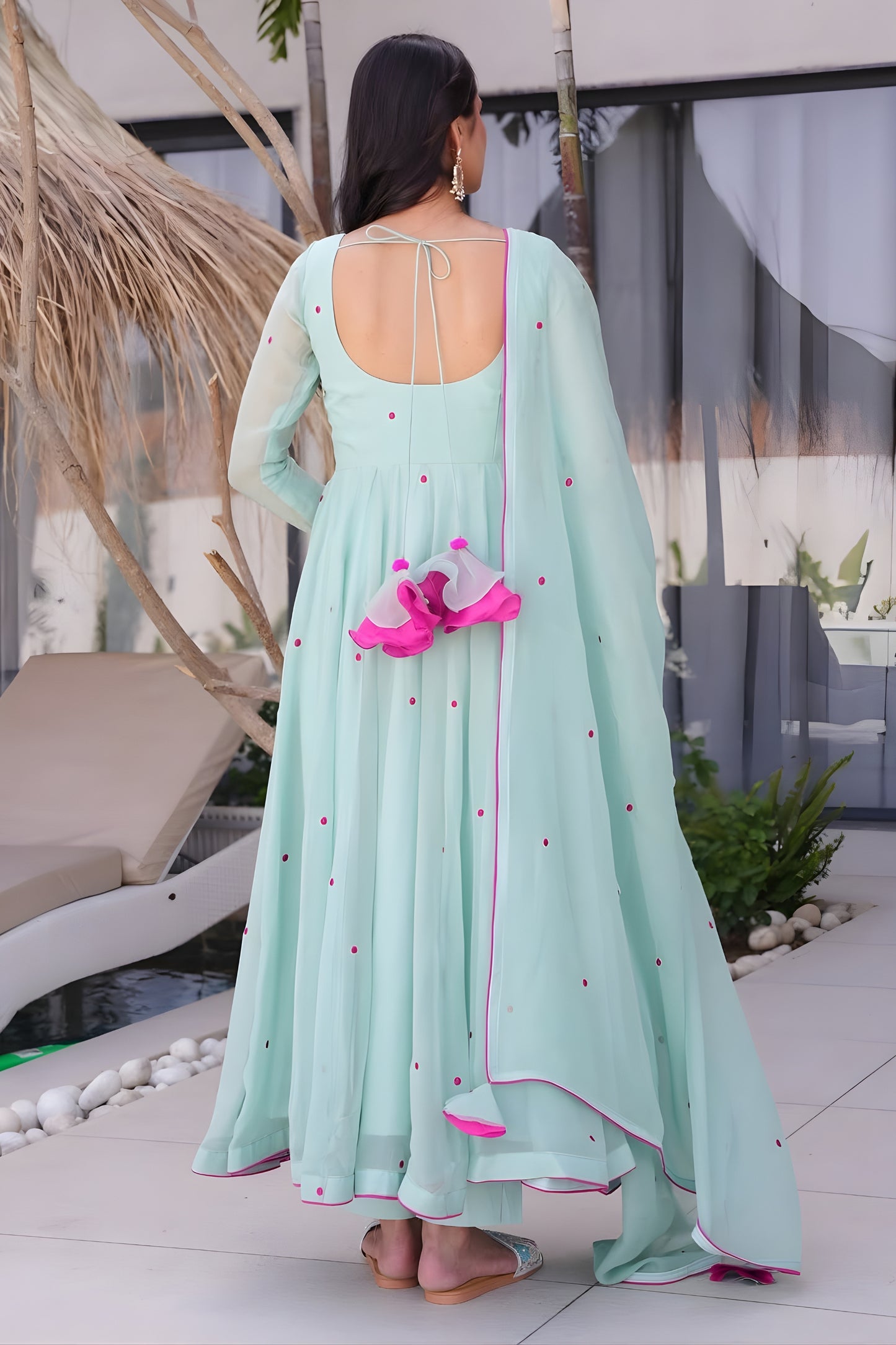 Elegant Mint Green Floral Embroidered Georgette Anarkali Suit with Full Sleeves for Wedding
