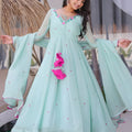 Elegant Mint Green Floral Embroidered Georgette Anarkali Suit with Full Sleeves for Wedding