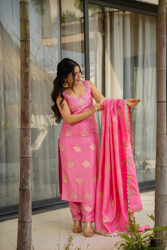 Lovely Pink Chanderi Embroidered Salwar Suit with Dupatta for Wedding