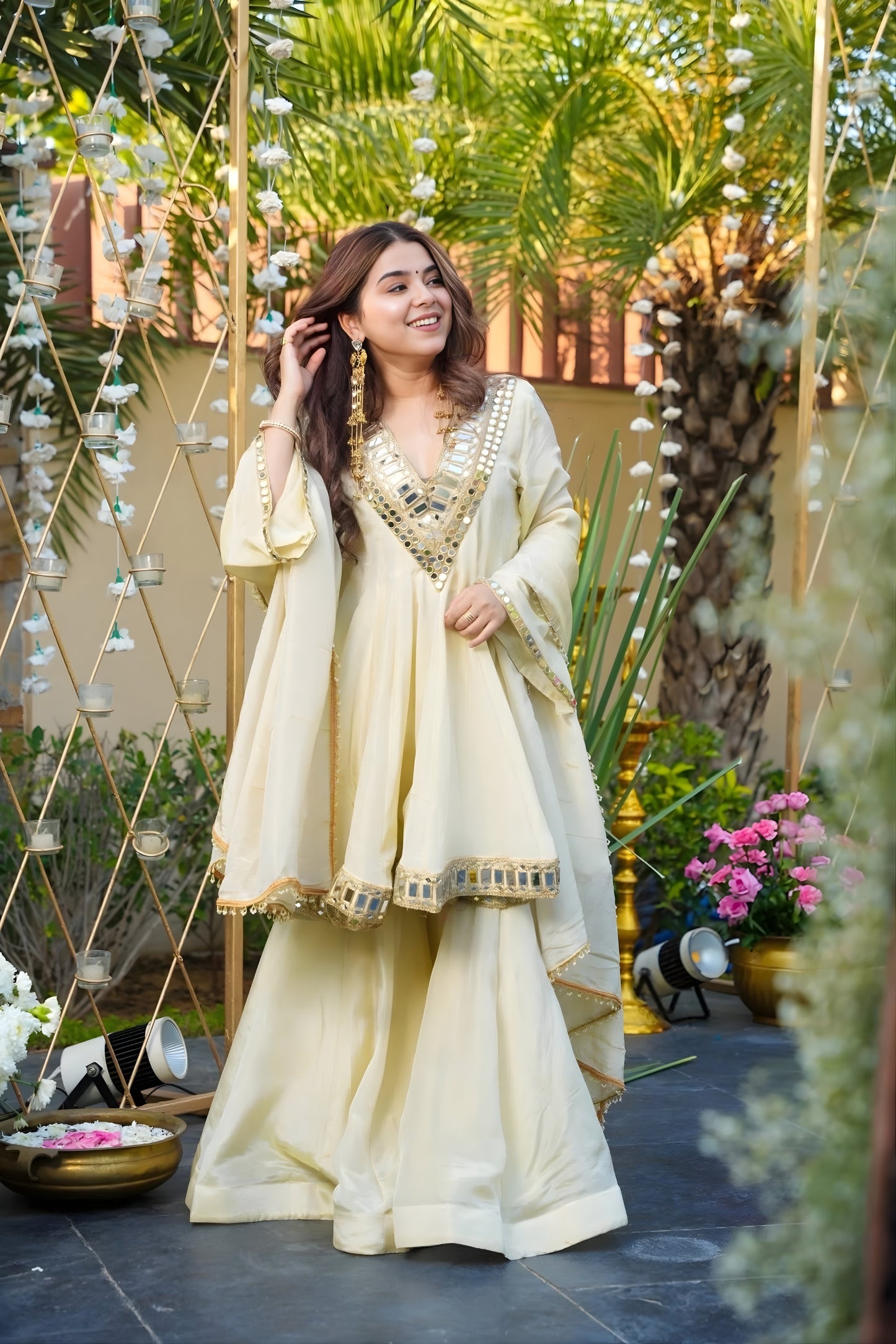 Charming Cream Mirror Work Chinon Sharara Suit with Dupatta for Wedding