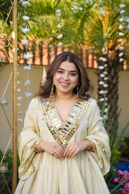 Charming Cream Mirror Work Chinon Sharara Suit with Dupatta for Wedding