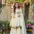 Charming Cream Mirror Work Chinon Sharara Suit with Dupatta for Wedding