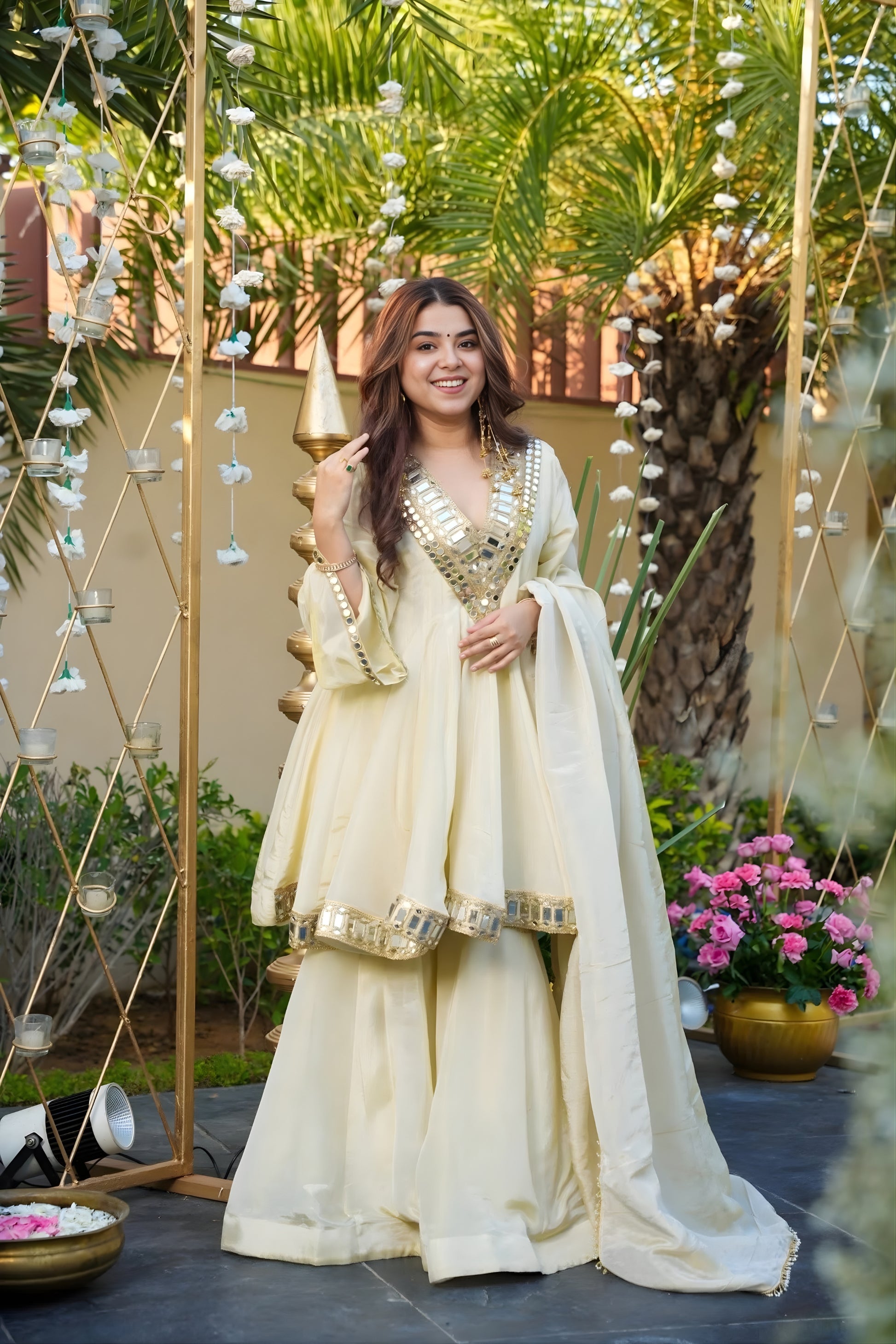 Charming Cream Mirror Work Chinon Sharara Suit with Dupatta for Wedding