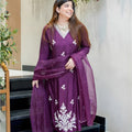 Stylish Wine Embroidered Muslin Salwar Suit with Dupatta for Wedding