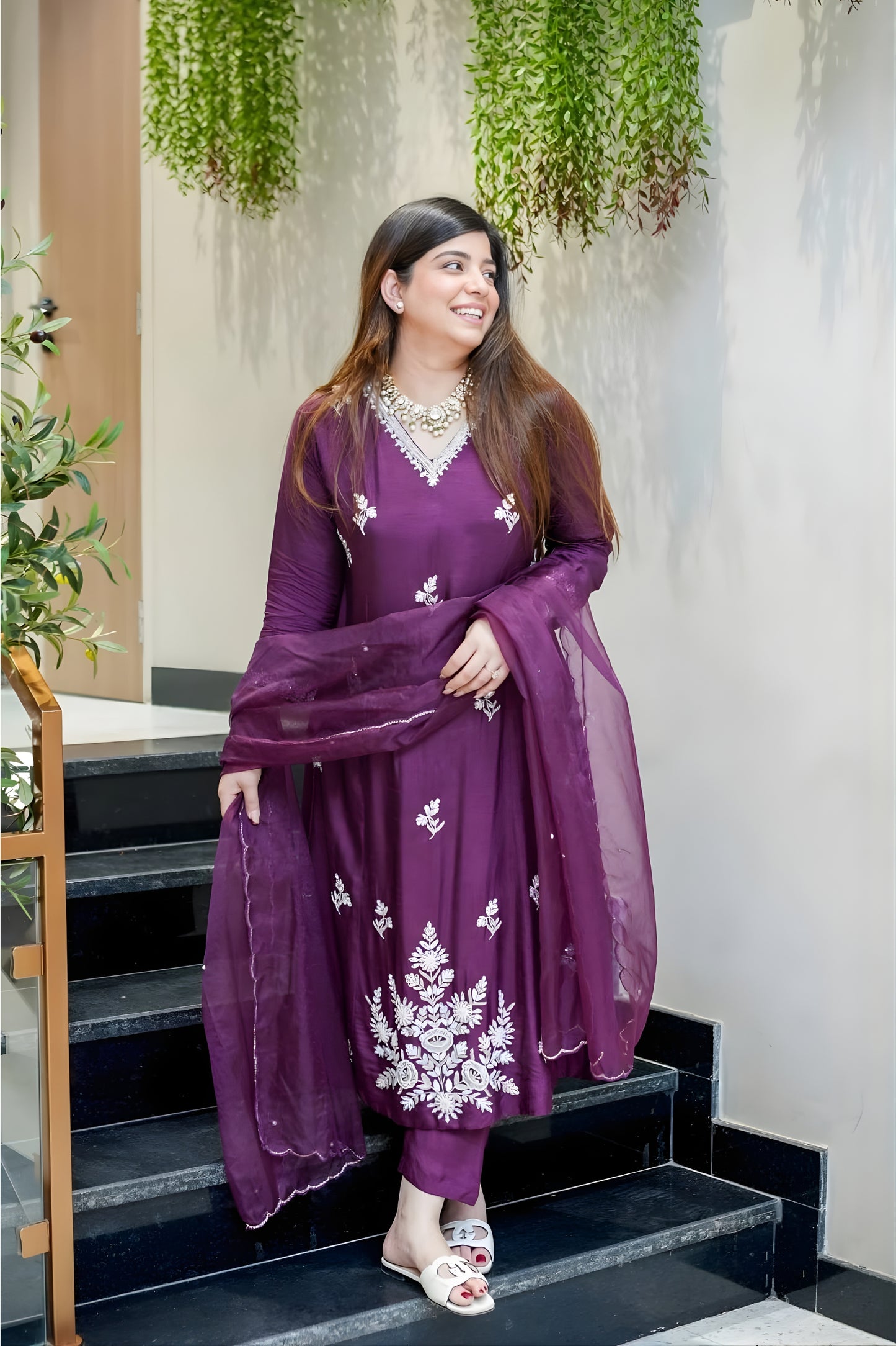 Stylish Wine Embroidered Muslin Salwar Suit with Dupatta for Wedding