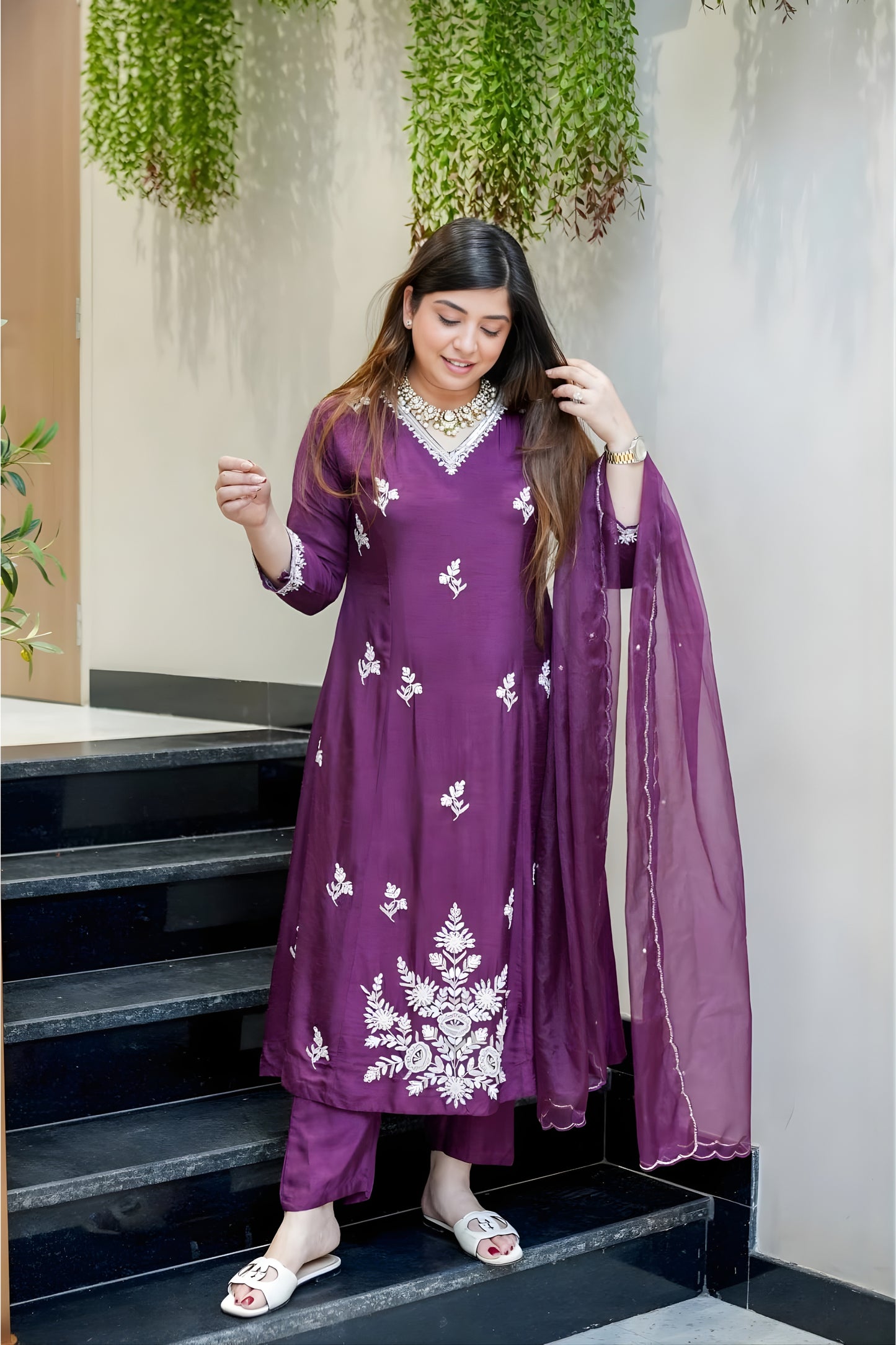 Stylish Wine Embroidered Muslin Salwar Suit with Dupatta for Wedding