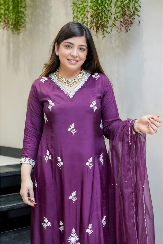 Stylish Wine Embroidered Muslin Salwar Suit with Dupatta for Wedding