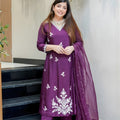 Stylish Wine Embroidered Muslin Salwar Suit with Dupatta for Wedding