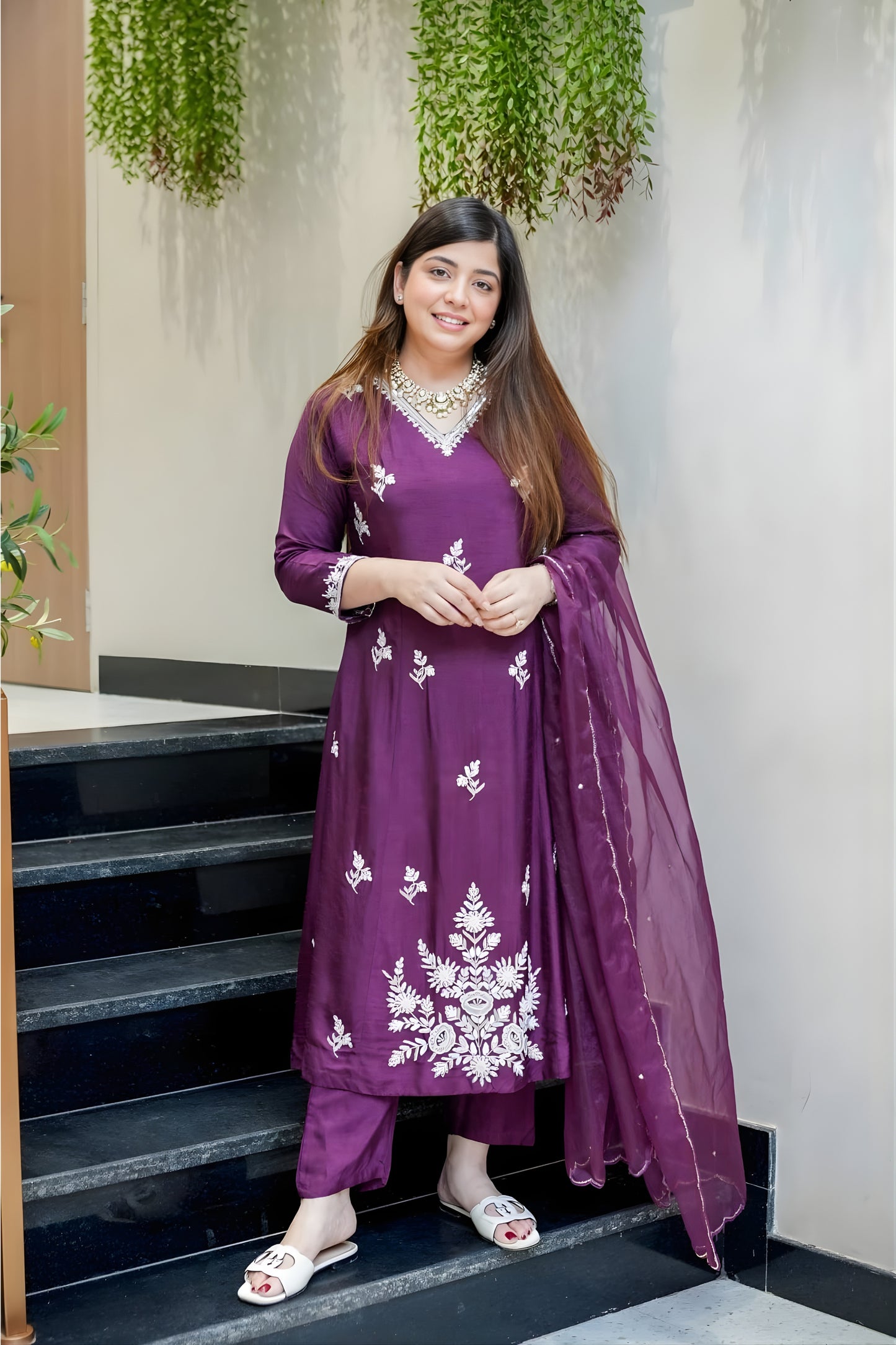 Stylish Wine Embroidered Muslin Salwar Suit with Dupatta for Wedding