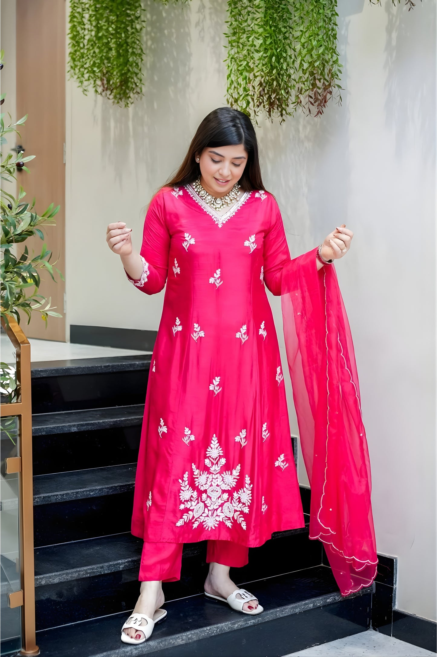 Latest Rani Pink Embroidered Muslin Salwar Suit with Dupatta for Wedding