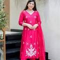 Latest Rani Pink Embroidered Muslin Salwar Suit with Dupatta for Wedding