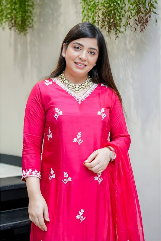 Latest Rani Pink Embroidered Muslin Salwar Suit with Dupatta for Wedding