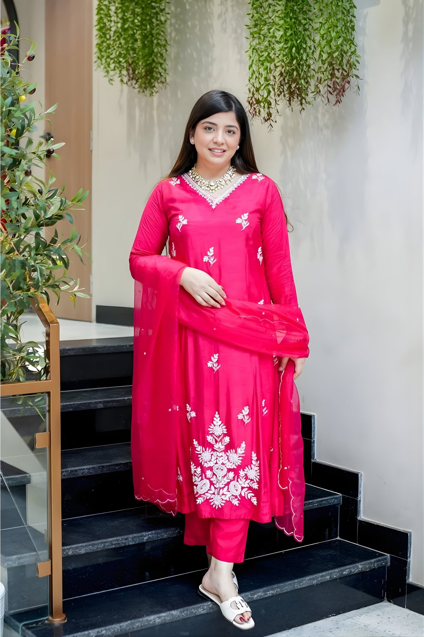 Latest Rani Pink Embroidered Muslin Salwar Suit with Dupatta for Wedding