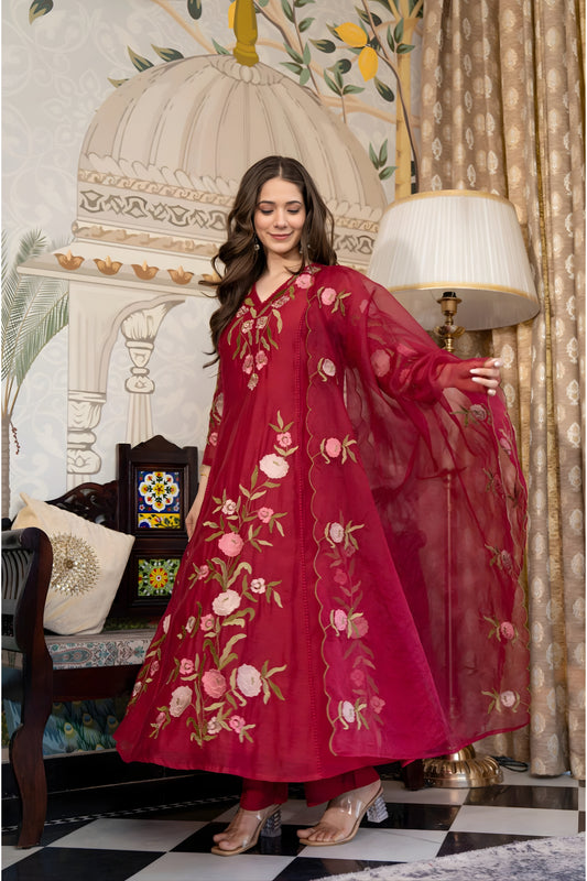 Fabulous Maroon Floral Embroidered Muslin Salwar Suit with Dupatta for Wedding