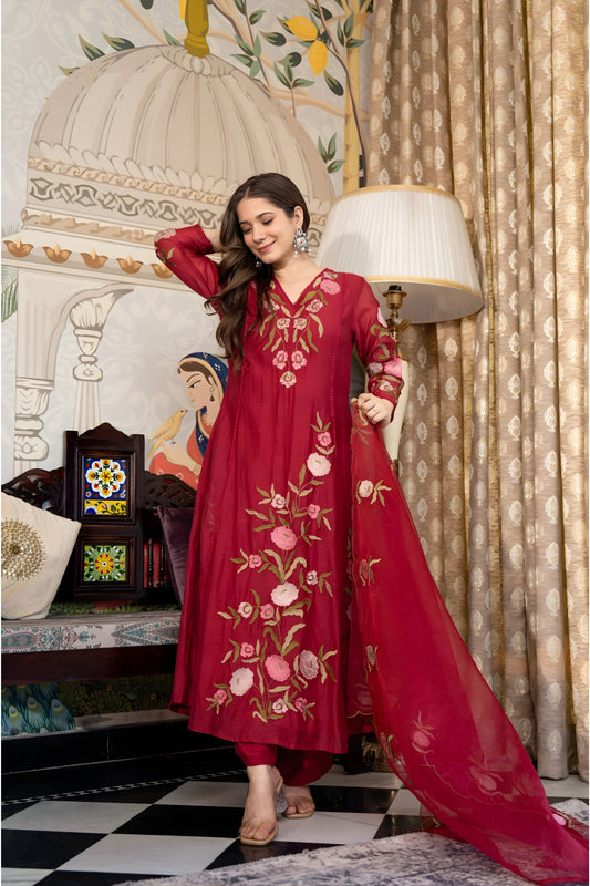 Fabulous Maroon Floral Embroidered Muslin Salwar Suit with Dupatta for Wedding