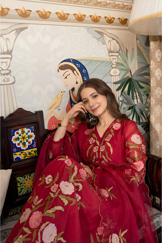 Fabulous Maroon Floral Embroidered Muslin Salwar Suit with Dupatta for Wedding