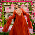 Fancy Rust Orange Embroidered Vichitra Silk Salwar Suit with Dupatta