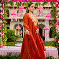 Fancy Rust Orange Embroidered Vichitra Silk Salwar Suit with Dupatta
