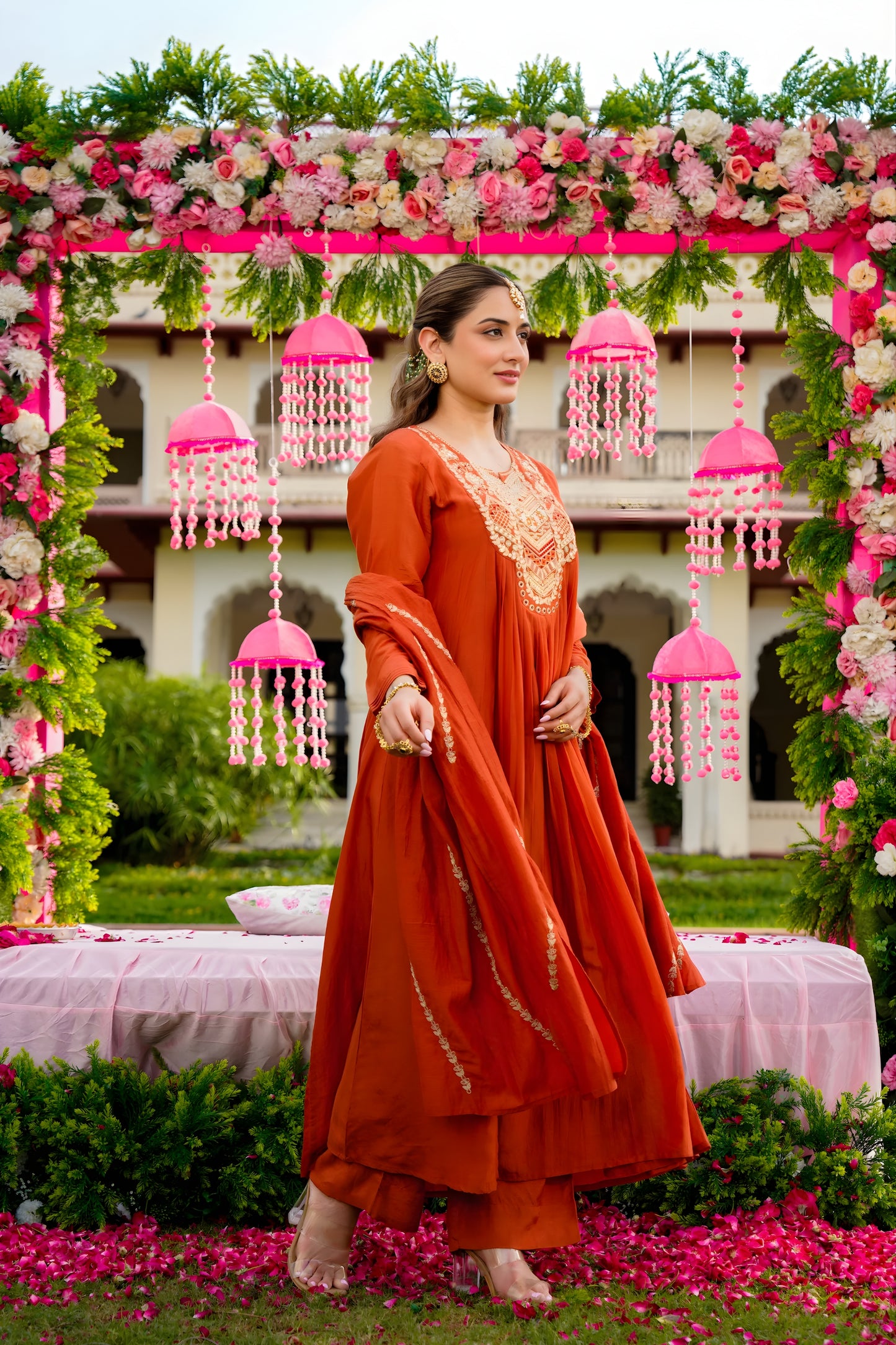 Fancy Rust Orange Embroidered Vichitra Silk Salwar Suit with Dupatta